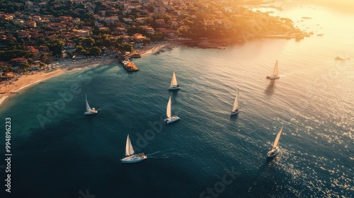 An aerial view of a beautiful coastal city with boats sailing, showcasing the harmony of land and sea from above.