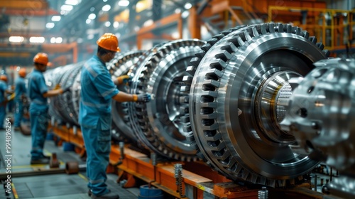 Factory workers assembling large machinery parts, teamwork and precision evident in a busy industrial environment