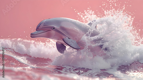 A dolphin jumps out of the water with a splash in pink photo