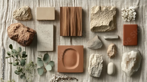 An array of natural materials like stone, wood, and clay arranged aesthetically on a textured background. -