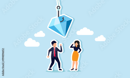 A businessman and businesswoman talking with a hook catching a diamond, an illustration of discussing how to obtain natural resources for a business project.