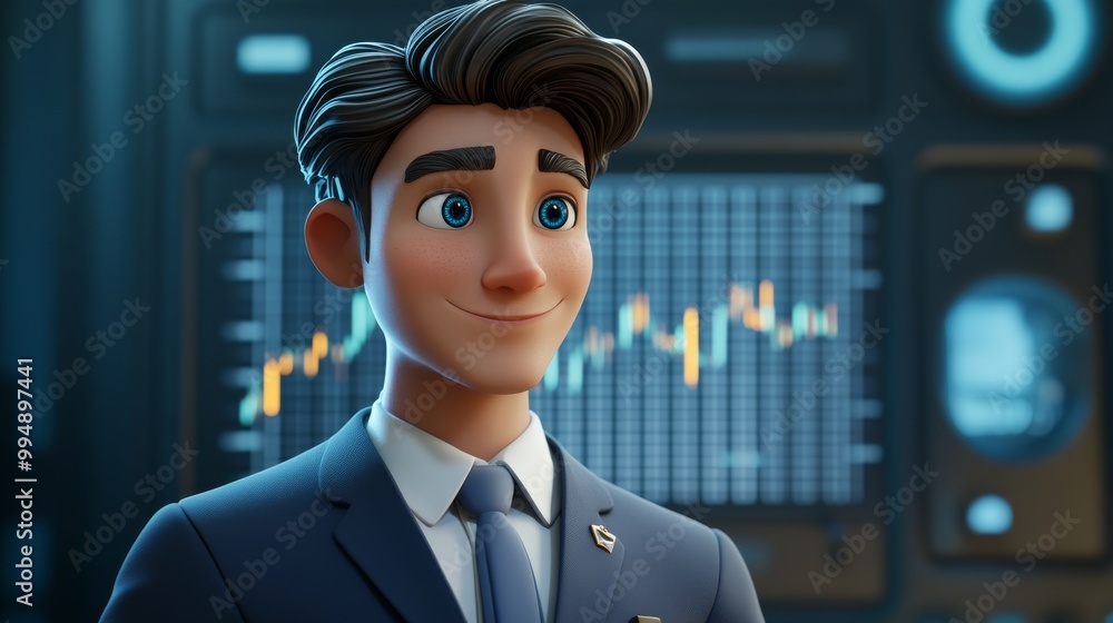 A man in a suit is smiling at a computer screen with a graph on it A man in a suit is smiling at a computer screen with a graph on it