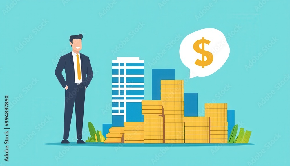 A businessman stands beside stacks of money and a building, illustrating concepts of finance and investment. A businessman stands beside stacks of money and a building, illustrating concepts of finance and investment.