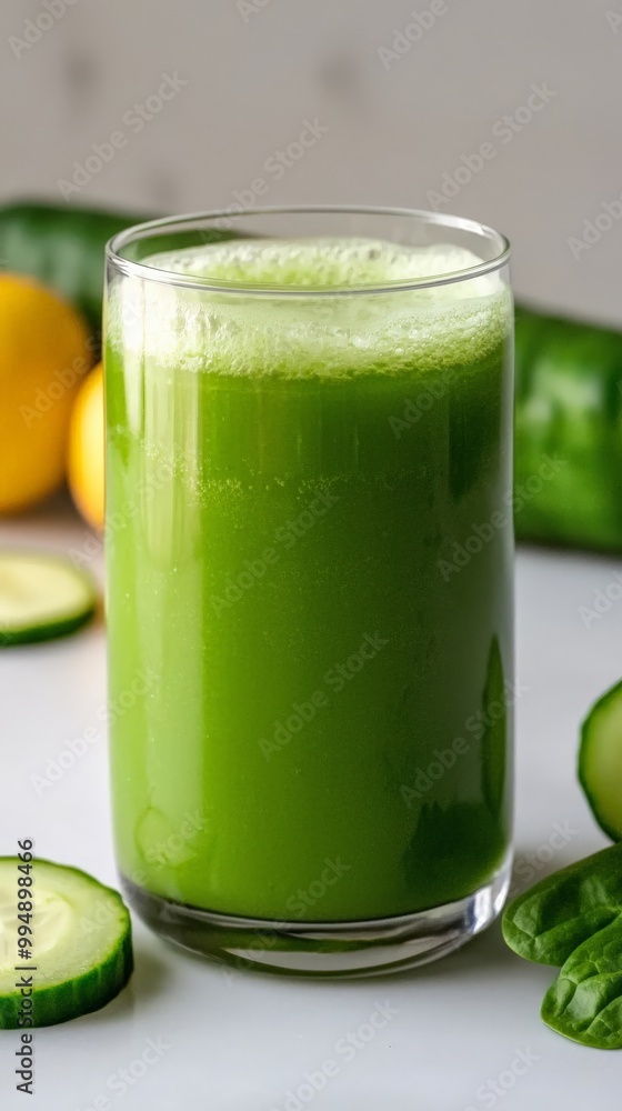 A close-up of a detox green juice made from spinach, celery, cucumber, and lemon. Set against a minimalist, white background A close-up of a detox green juice made from spinach, celery, cucumber, and lemon. Set against a minimalist, white background