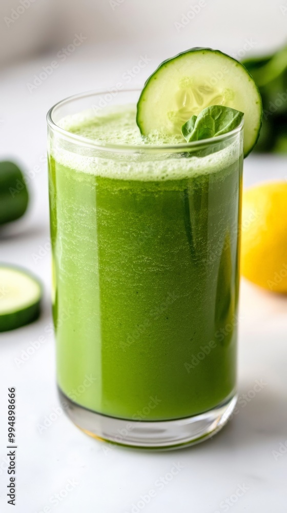 A close-up of a detox green juice made from spinach, celery, cucumber, and lemon. Set against a minimalist, white background A close-up of a detox green juice made from spinach, celery, cucumber, and lemon. Set against a minimalist, white background