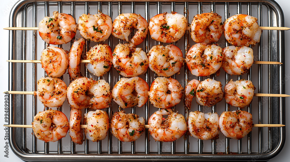 Close-up of seasoned shrimp skewers arranged on a BBQ grill, ready for cooking. Close-up of seasoned shrimp skewers arranged on a BBQ grill, ready for cooking.