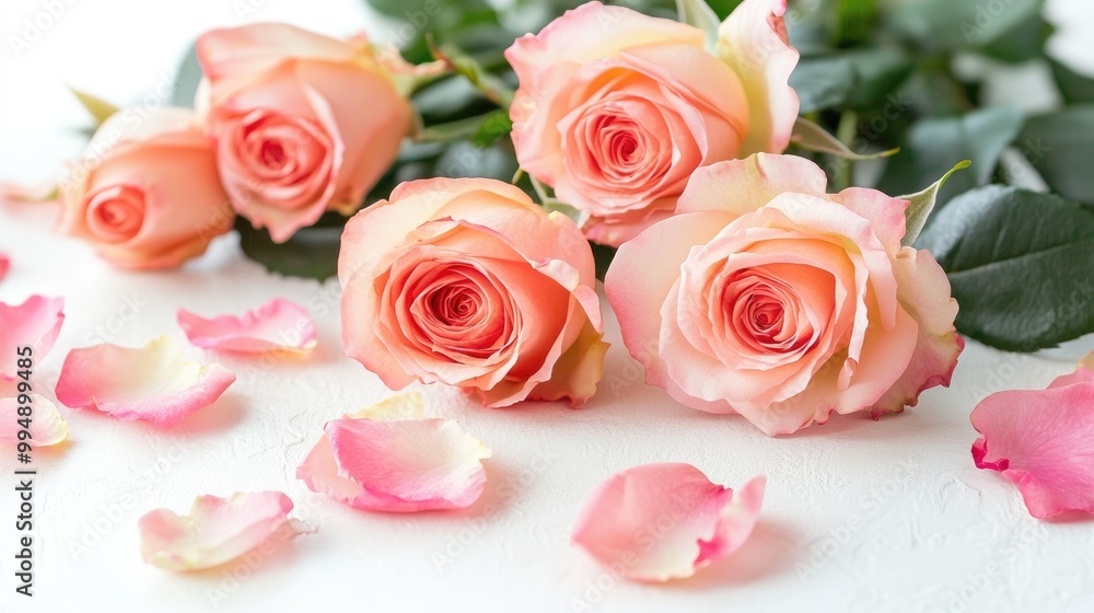 Freshly cut roses lying on a white table, petals scattered around, ready for arrangement. - Freshly cut roses lying on a white table, petals scattered around, ready for arrangement. -