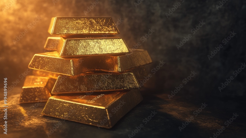 Gleaming gold bars piled high against a dark, textured background, casting sharp shadows. Gleaming gold bars piled high against a dark, textured background, casting sharp shadows.
