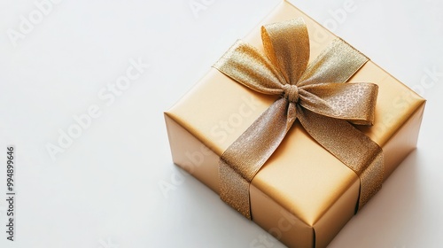 Gift box wrapped in shiny gold paper with a large ribbon, set on a clean white surface.