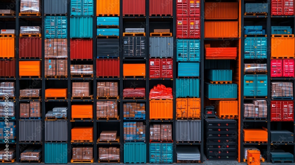 Fototapeta premium Colorful stacked shipping containers create a vibrant mosaic, showcasing organized logistics and industrial efficiency.