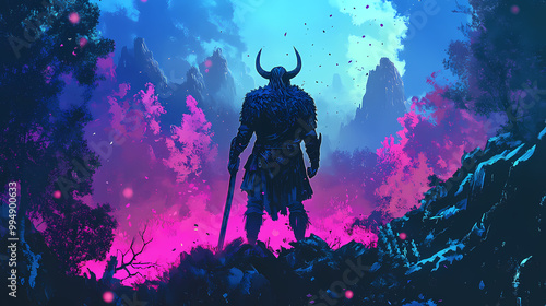 A neon sfumato wide shot of a formidable viking warrior standing amidst an ancient forest. Sfumato. Illustration