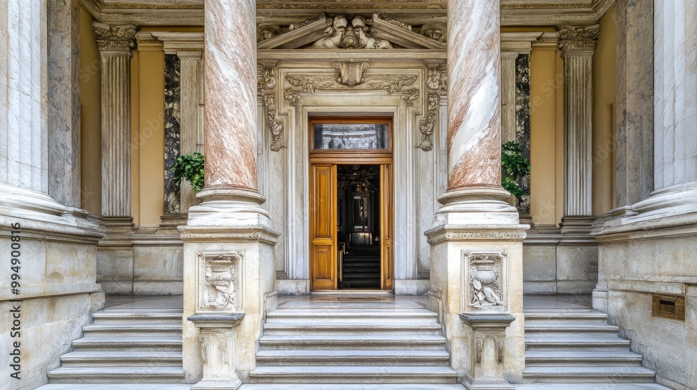 Fototapeta premium Grand marble entrance to a historical building, with ornate pillars and carved stone details.