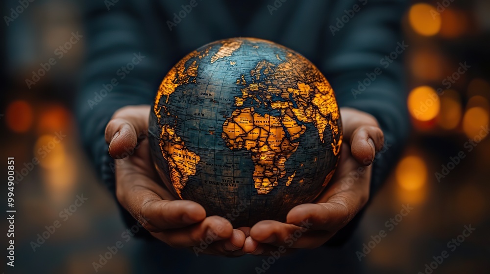 Fototapeta premium A finance businessman holds the world in his hands, pointing to Alaska and the Bering Strait on a globe map, focusing on business strategy.