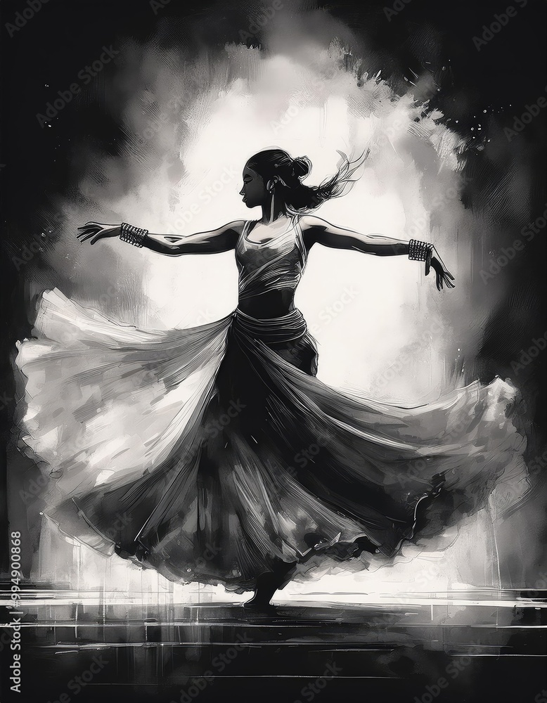A woman dances in a flowing dress. A woman dances in a flowing dress.