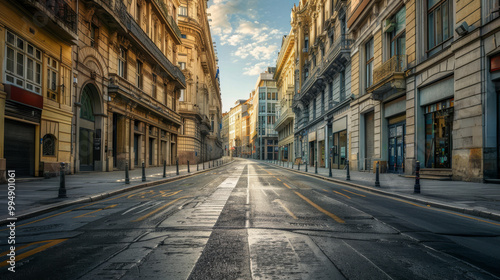 european city street, empty, one point perspective, photography, realistic 