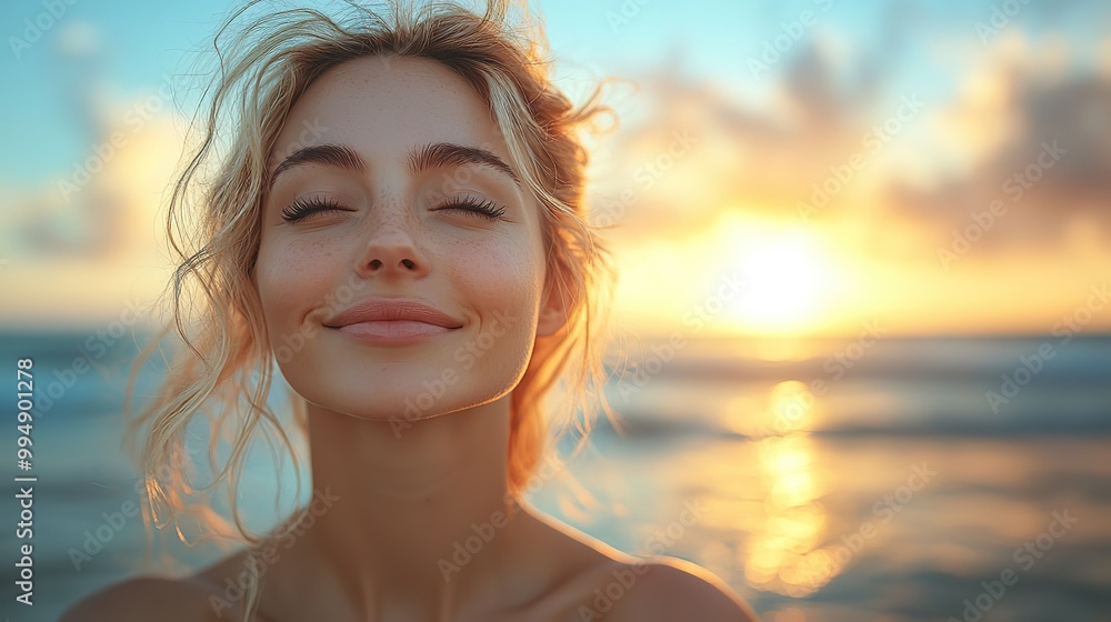 A happy, relaxed blond woman at the beach, breathing fresh ocean air. A happy, relaxed blond woman at the beach, breathing fresh ocean air.