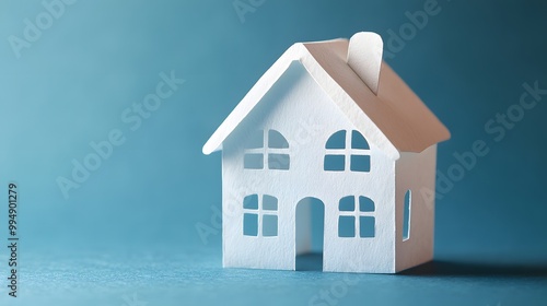 Wallpaper Mural White Paper Model of a House with Windows and a Chimney on a Blue Background Torontodigital.ca