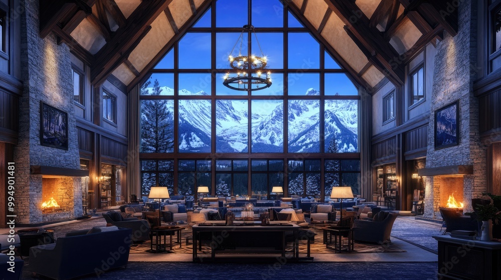 Fototapeta premium Grand ski lodge with large windows overlooking snow-covered mountains and cozy fireplaces inside.