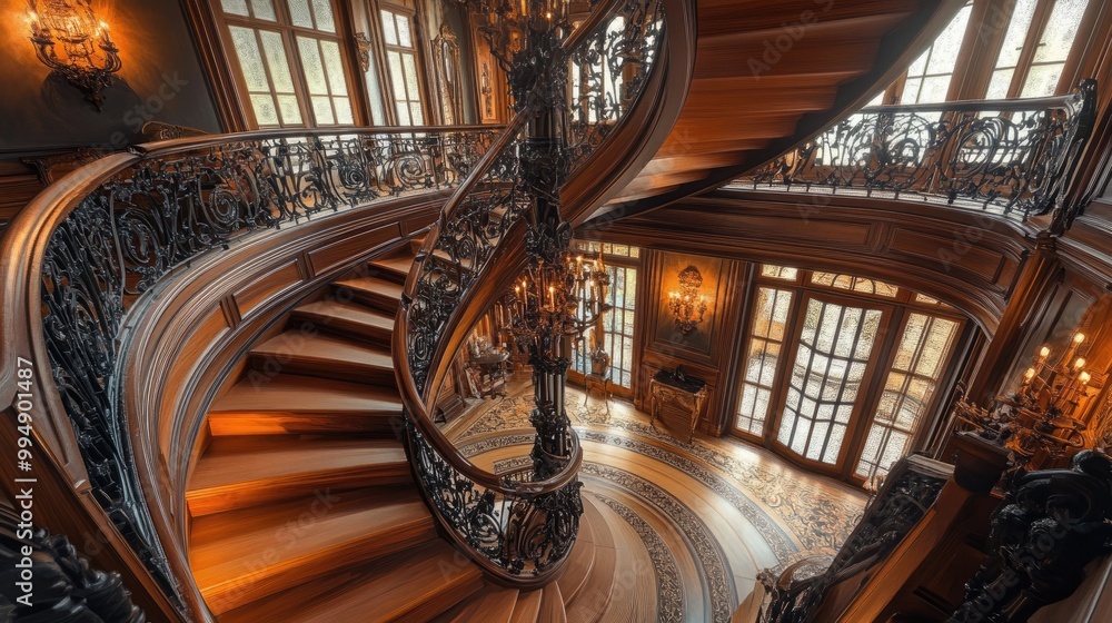 Grand spiral staircase in an elegant home, with polished wood and iron railings, leading to upper floors Grand spiral staircase in an elegant home, with polished wood and iron railings, leading to upper floors