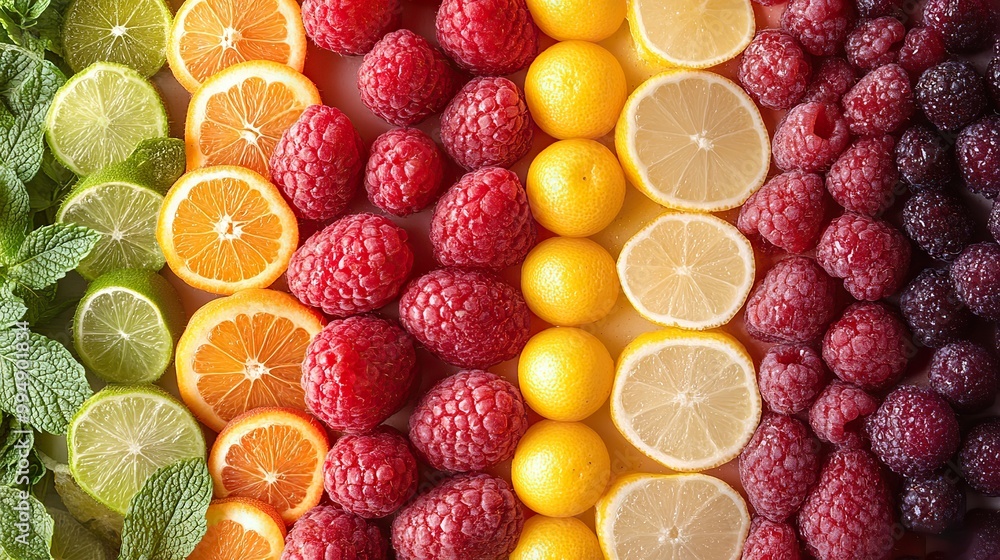 A lively and colorful collage of various fruits, displaying their vibrant and fresh qualities. A lively and colorful collage of various fruits, displaying their vibrant and fresh qualities.