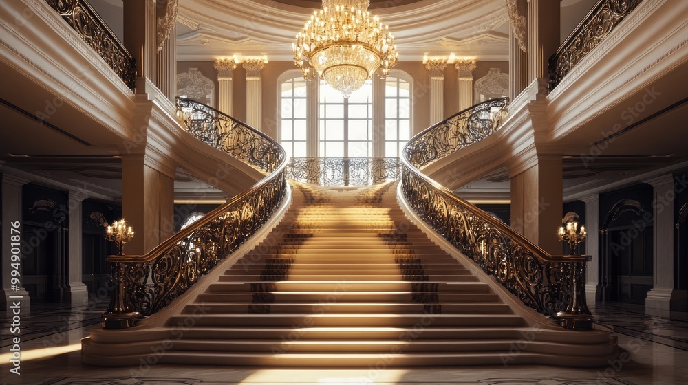 Grand staircase with ornate railings in a luxurious hotel lobby, illuminated by a grand chandelier. Grand staircase with ornate railings in a luxurious hotel lobby, illuminated by a grand chandelier.