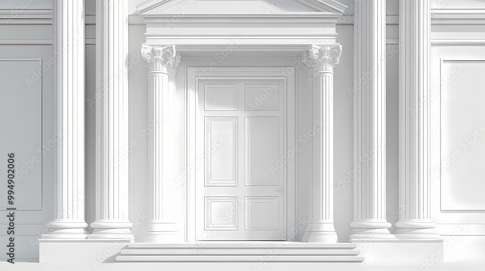 A white door with a white frame and pillars. Baroque Architecture. Illustration A white door with a white frame and pillars. Baroque Architecture. Illustration