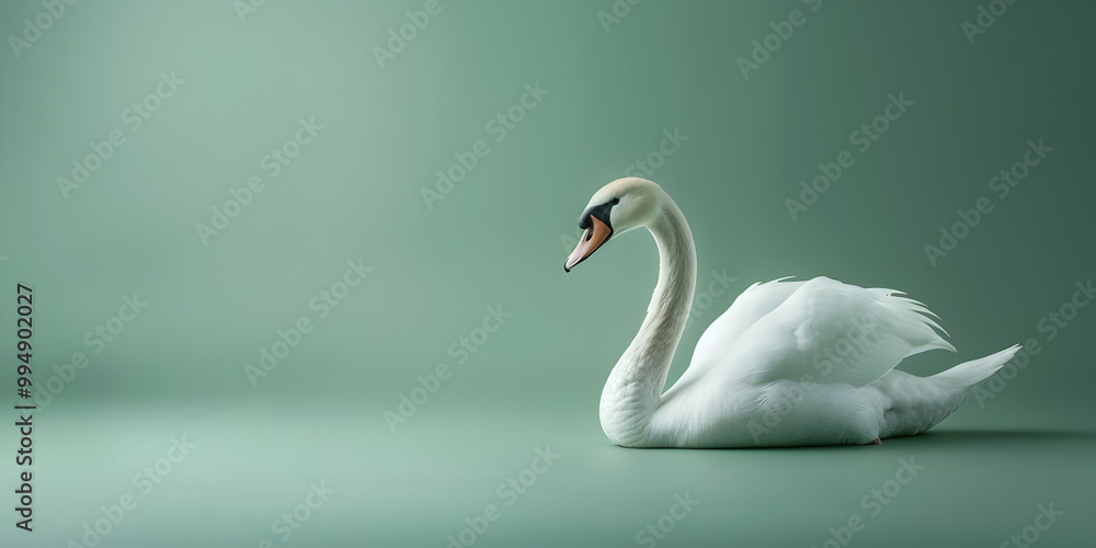 Fototapeta premium Elegant White Swan Poses Gracefully on a Serene Green Background