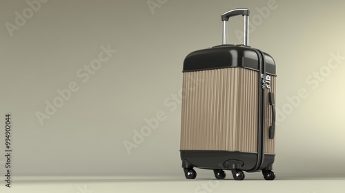 A suitcase with a brown handle sits on a white background