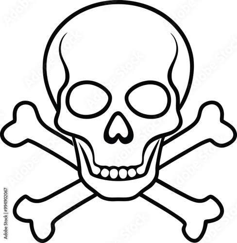 Skull and crossbones, black and white vector tattoo illustration of human skull with crossed bones, isolated on white background