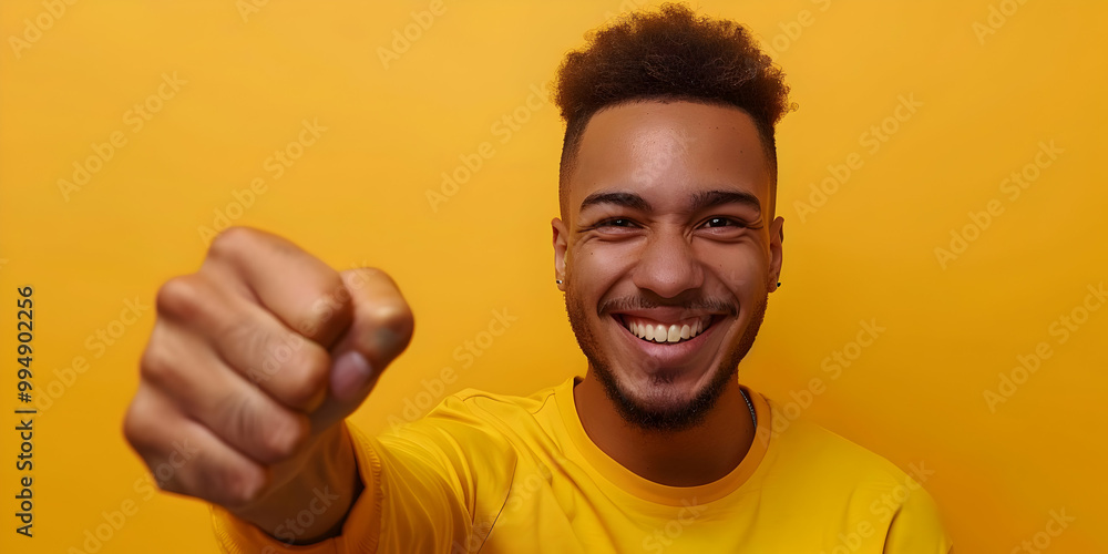 Happy Man with Copy Space Smiles and Points Finger Toward Blank Yellow Background Happy Man with Copy Space Smiles and Points Finger Toward Blank Yellow Background