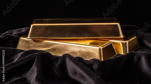 Large stack of polished gold bars, resting on a black velvet cloth, with reflections highlighting their value.