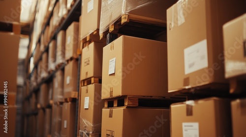 Neatly stacked brown shipping boxes with labels, ready for delivery, in a warehouse aisle.