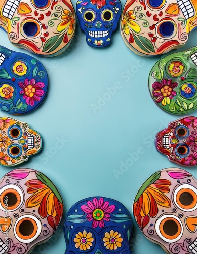 Colorful sugar skulls on blue