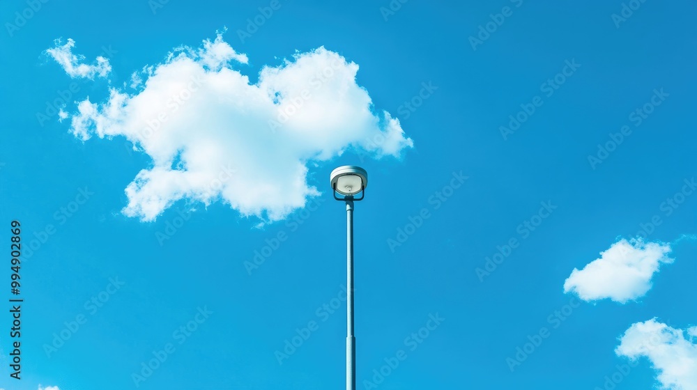 Single Street Lamp Standing Tall Against Blue Sky with Fluffy Clouds Single Street Lamp Standing Tall Against Blue Sky with Fluffy Clouds
