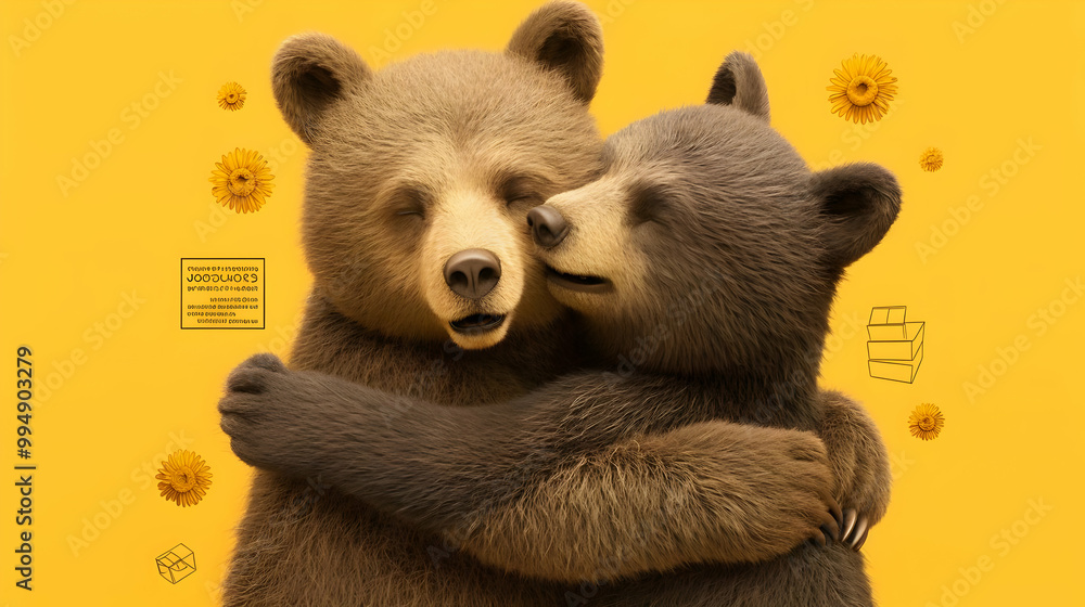 Two Adorable Bears Share a Warm Hug on a Vibrant Yellow Background with Flowers Two Adorable Bears Share a Warm Hug on a Vibrant Yellow Background with Flowers
