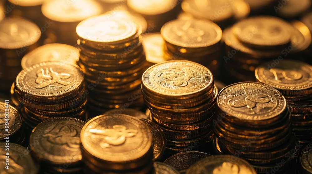 Piles of stacked gold coins spilling over, highlighting the abundance of wealth and prosperity Piles of stacked gold coins spilling over, highlighting the abundance of wealth and prosperity