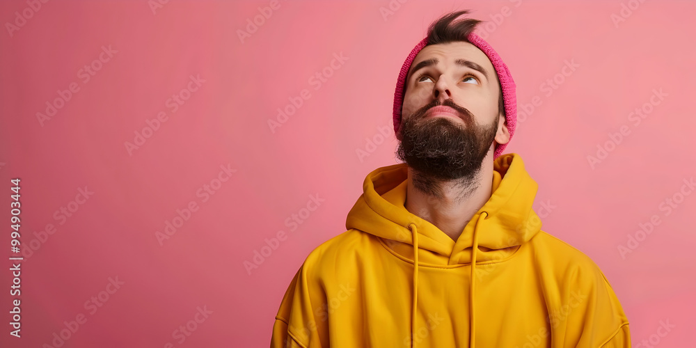 Fototapeta premium Thoughtful Man in Yellow Hoodie Looking Up Against Pink Background