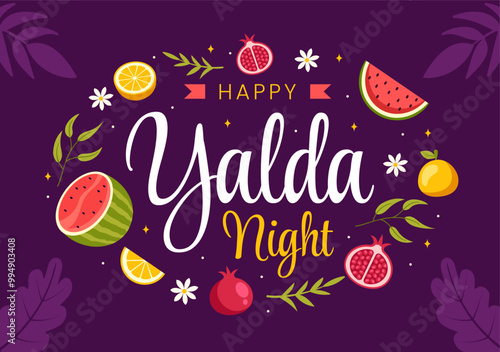 Happy Yalda Night Vector Illustration of an Iranian Festival, featuring a Watermelon Slice, Pomegranate, Candles, and Lemon in a Flat Background