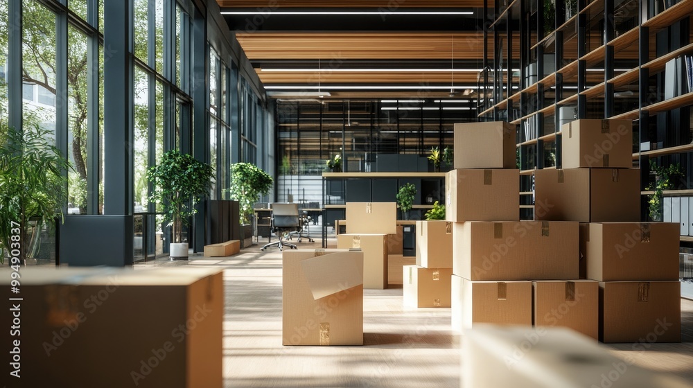 Stacked cardboard boxes in a modern office space, ready for moving day. Stacked cardboard boxes in a modern office space, ready for moving day.