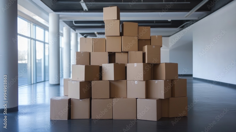Stacked cardboard boxes in a modern office space, ready for moving day. Stacked cardboard boxes in a modern office space, ready for moving day.