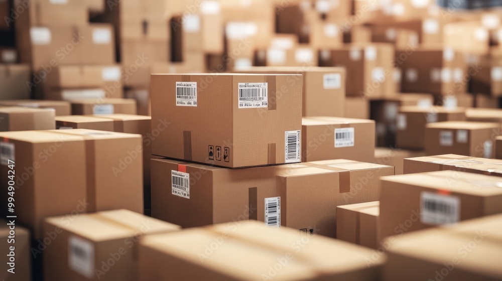 Stacks of brown cardboard boxes in a shipping warehouse, with barcode labels visible. Stacks of brown cardboard boxes in a shipping warehouse, with barcode labels visible.