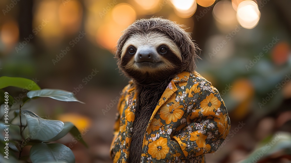 Naklejka premium A sloth in a floral suit, captured in a human pose.