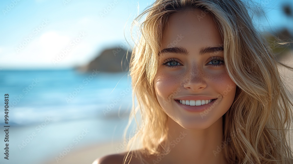 A smiling blond woman enjoying relaxation at the beach. A smiling blond woman enjoying relaxation at the beach.