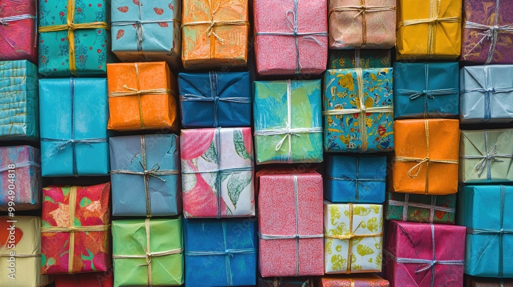 Top view of a stack of small gift boxes wrapped in colorful paper, arranged in a pattern. Top view of a stack of small gift boxes wrapped in colorful paper, arranged in a pattern.