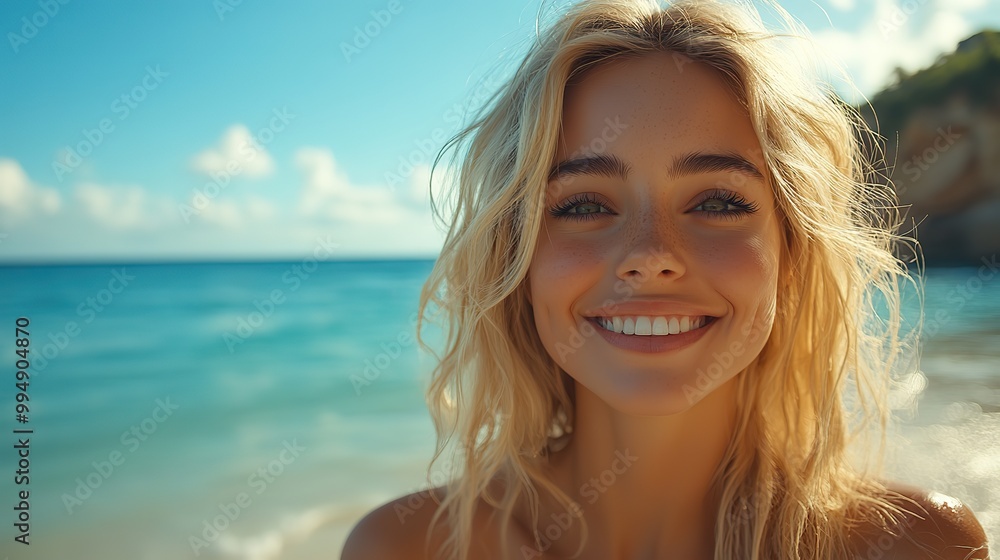 A smiling blond woman enjoying relaxation at the beach. A smiling blond woman enjoying relaxation at the beach.