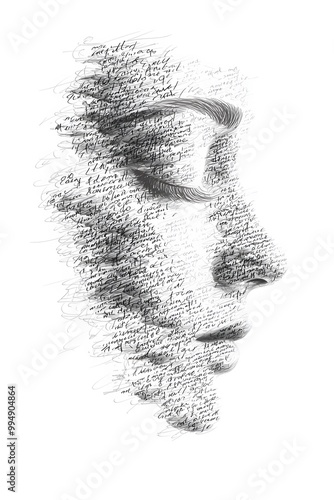 A black and white illustration of a woman's face made up entirely of words