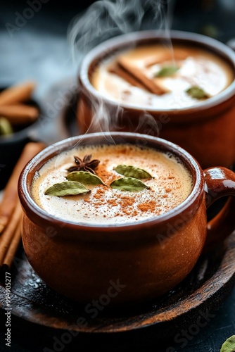 A cozy scene of Indian masala chai with cardamom, cinnamon, and cloves, served in traditional clay cups with steam rising