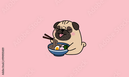 Adorable pug enjoying a bowl of ramen with a heart