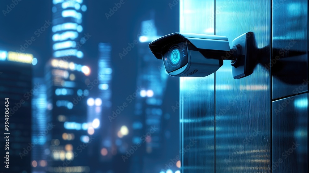 Modern Security Camera Watching Over Cityscape at Night Modern Security Camera Watching Over Cityscape at Night