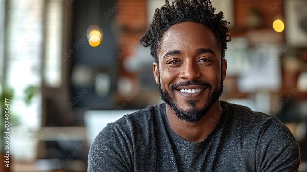 A smiling man in an office setting looks content and engaged with his work environment. A smiling man in an office setting looks content and engaged with his work environment.